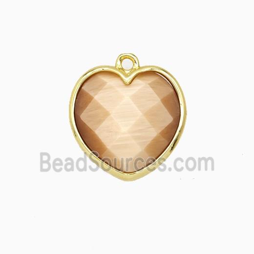 Peach Cats Eye Glass Heart Pendant Faceted