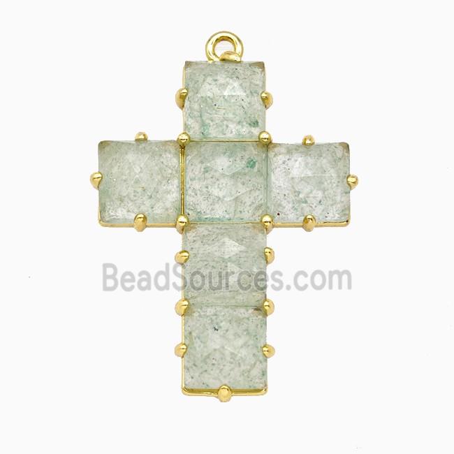 Lt.green Strawberry Quartz Cross Pendant Gold Plated
