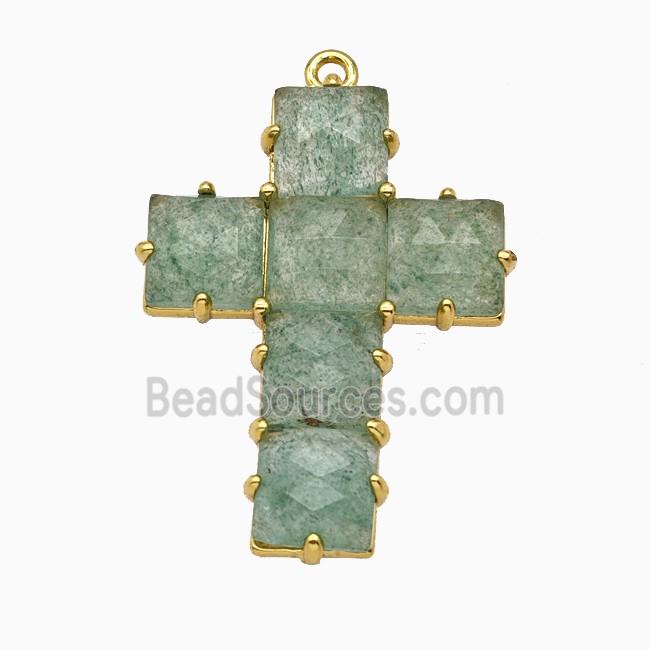 Green Strawberry Quartz Cross Pendant Gold Plated