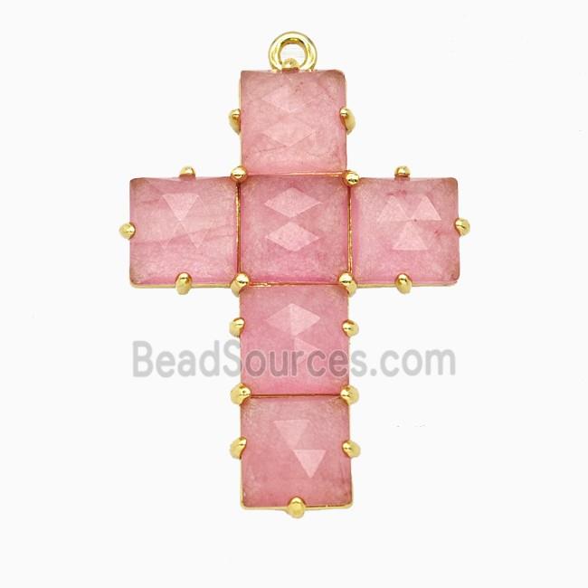 Pink Dye Jade Cross Pendant Gold Plated