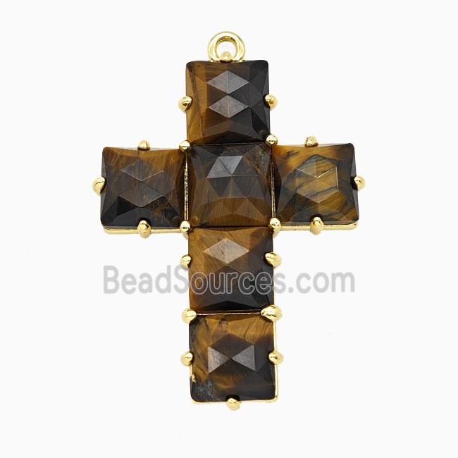 Tiger Eye Stone Cross Pendant Gold Plated