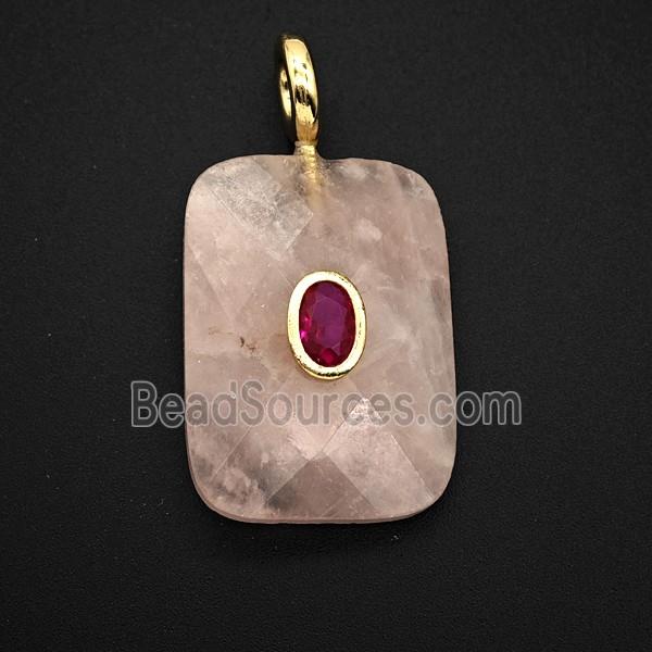 Natural Pink Rose Quartz Rectangle Pendant Pave Zirconia