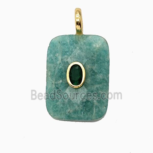 Natural Green Amazonite Rectangle Pendant Pave Zirconia