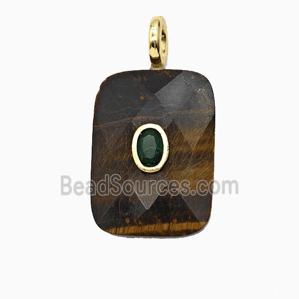Natural Tiger Eye Stone Rectangle Pendant Pave Zirconia