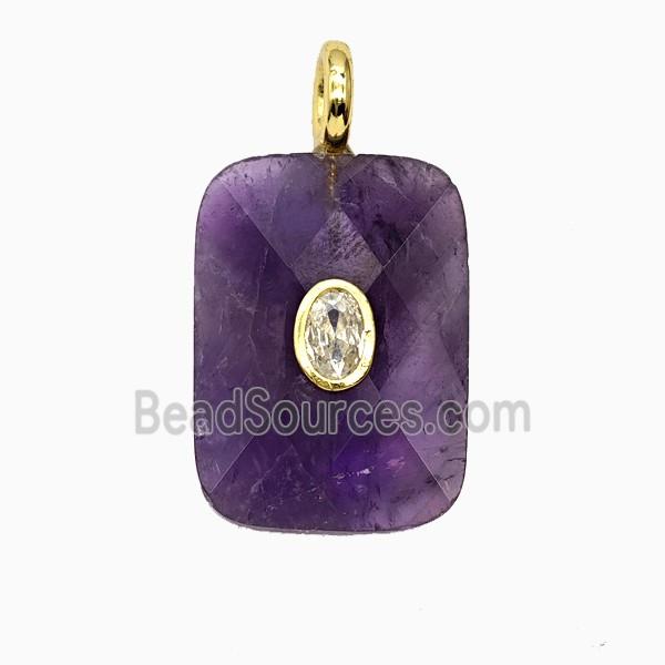Natural Purple Amethyst Rectangle Pendant Pave Zirconia