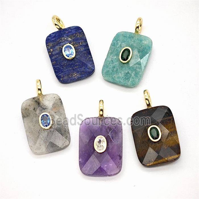 Natural Gemstone Rectangle Pendant Pave Zirconia Mixed