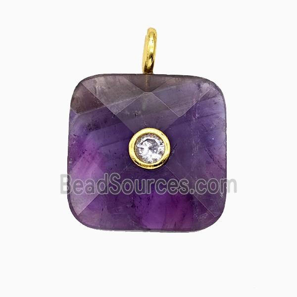 Natural Purple Amethyst Square Pendant Pave Zirconia