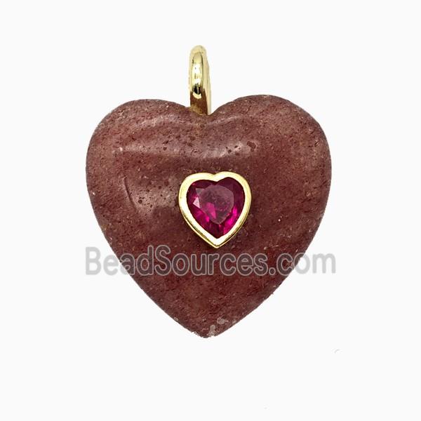 Natural Strawberry Quartz Heart Pendant Pave Zirconia