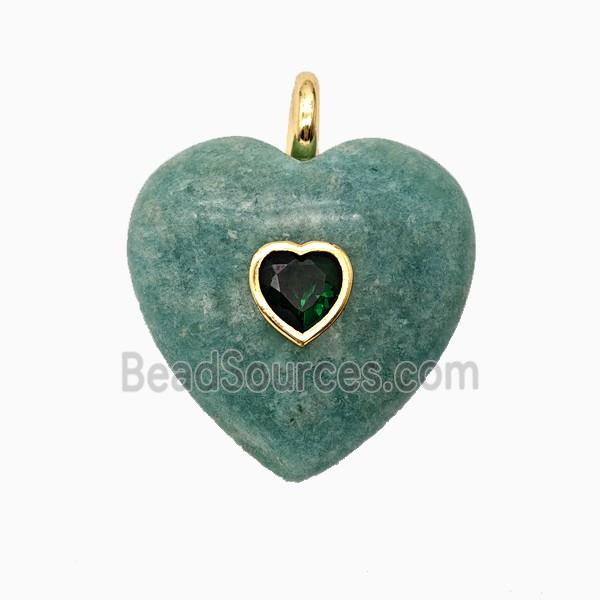 Natural Green Amazonite Heart Pendant Pave Zirconia