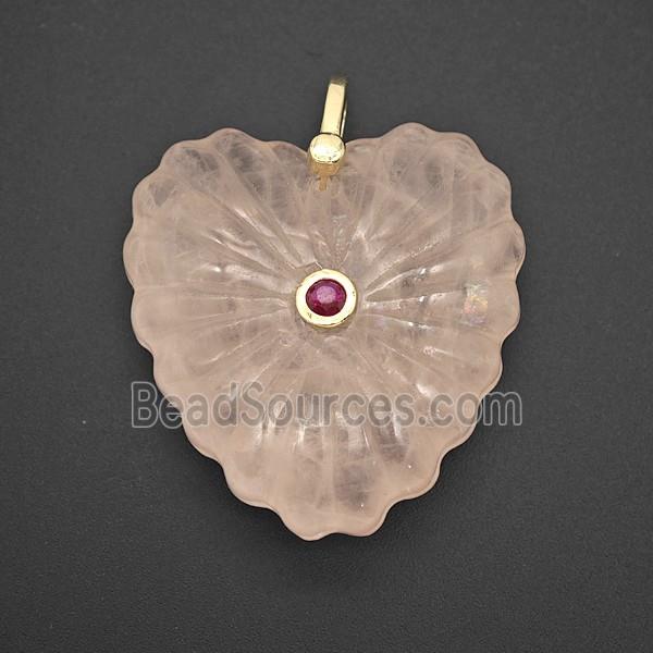 Natural Pink Rose Quartz Heart Pendant Pave Zirconia