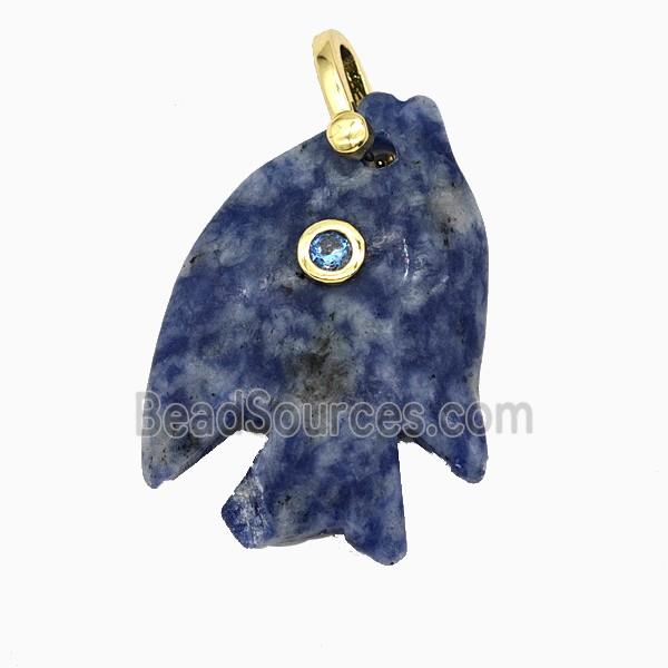 Blue Dalmatian Jasper Fish Pendant Pave Zirconia