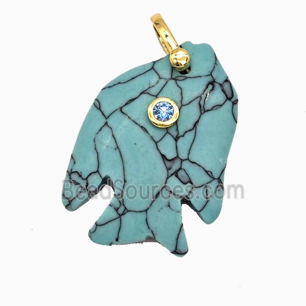Blue Synthetic Turquoise Fish Pendant Pave Zirconia Dye