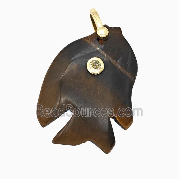 Tiger Eye Stone Fish Pendant Pave Zirconia
