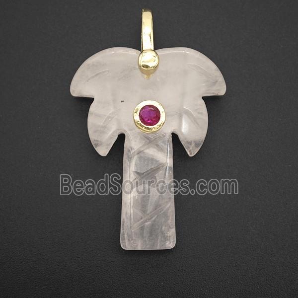 Rose Quartz Coconut Tree Pendant Pave Zirconia Palm