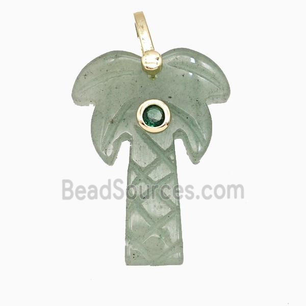 Green Aventurine Coconut Tree Pendant Pave Zirconia Palm