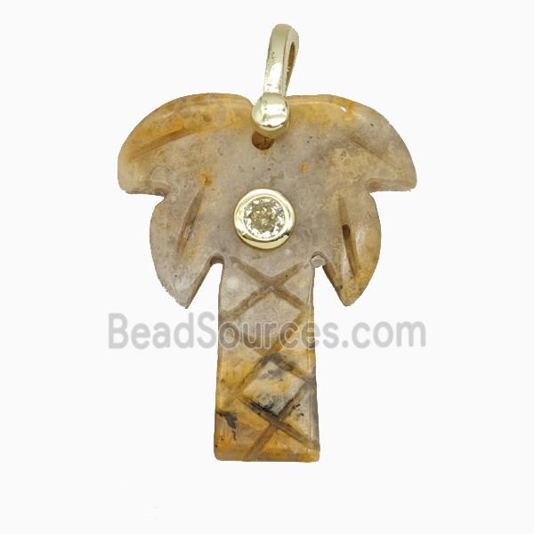 Yellow Crazy Agate Coconut Tree Pendant Pave Zirconia Palm
