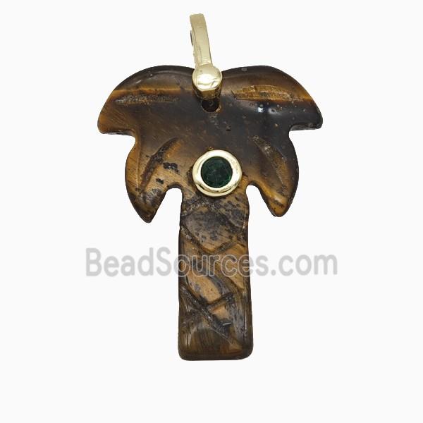 Tiger Eye Stone Coconut Tree Pendant Pave Zirconia Palm