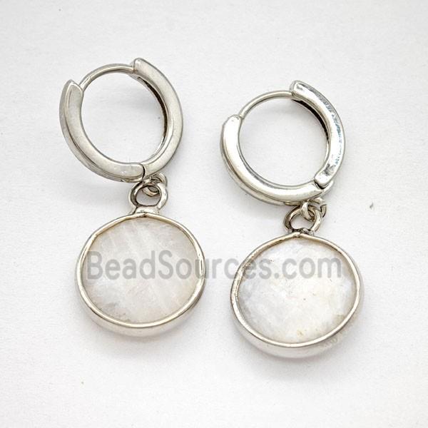 White Moonstone Copper Hoop Earrings Circle Platinum Plated