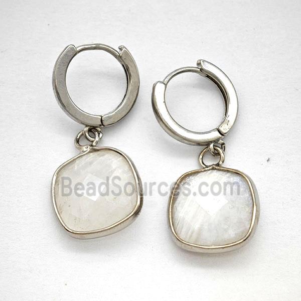 Clear Quartz Copper Hoop Earrings Square Platinum Plated