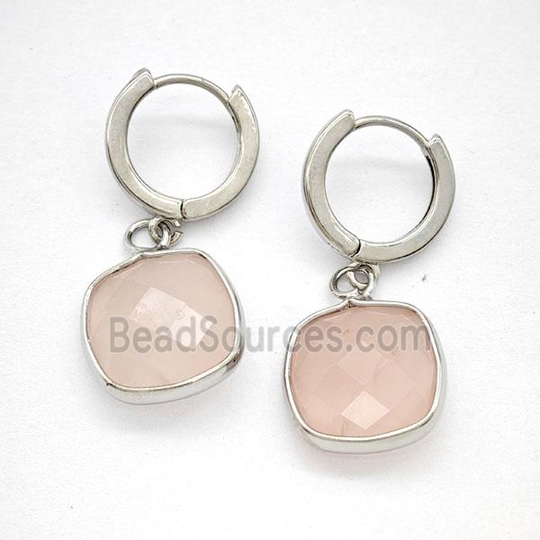 Pink Rose Quartz Copper Hoop Earrings Square Platinum Plated