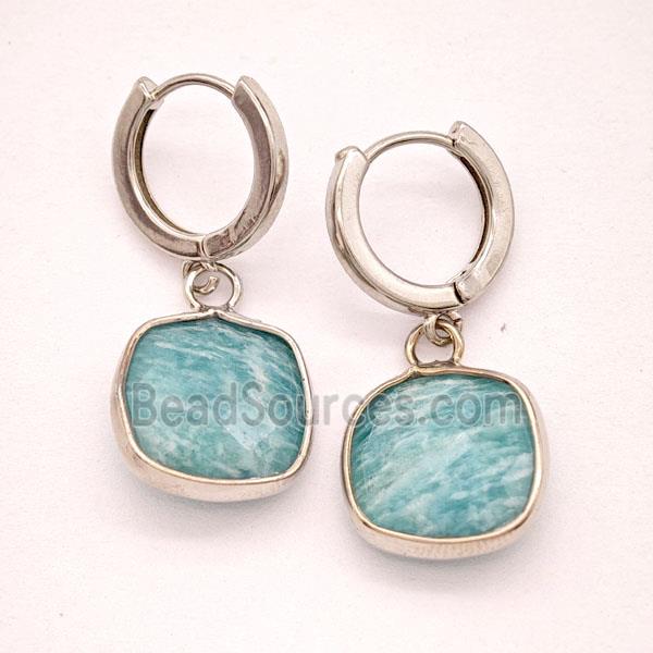 Green Amazonite Copper Hoop Earrings Square Platinum Plated