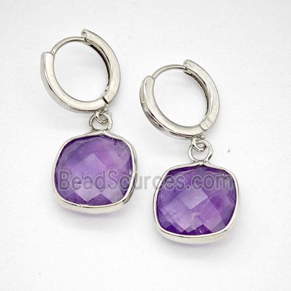 Purple Amethyst Copper Hoop Earrings Square Platinum Plated