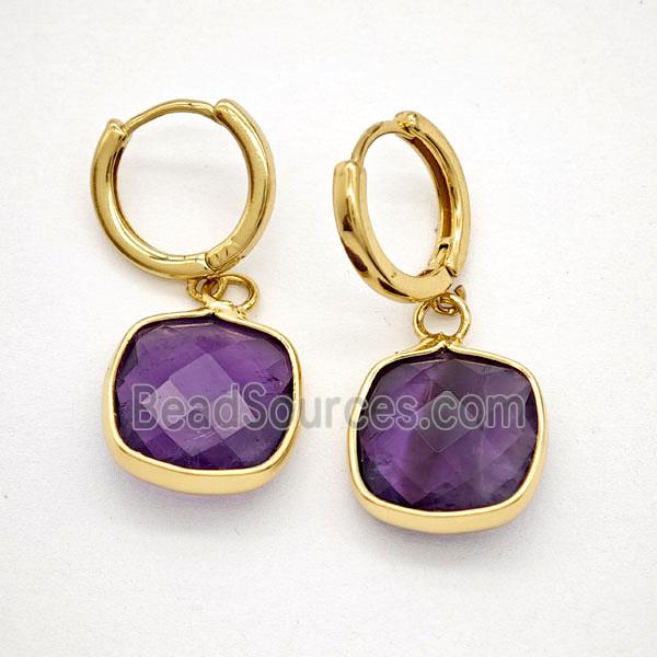 Purple Amethyst Copper Hoop Earrings Square Gold Plated