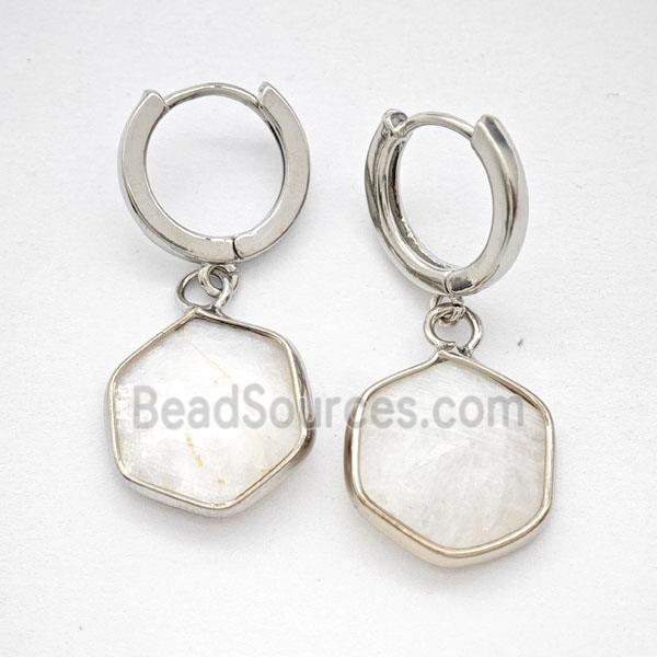 Clear Quartz Copper Hoop Earrings Hexagon Platinum Plated