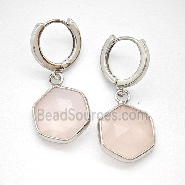 Pink Rose Quartz Copper Hoop Earrings Hexagon Platinum Plated