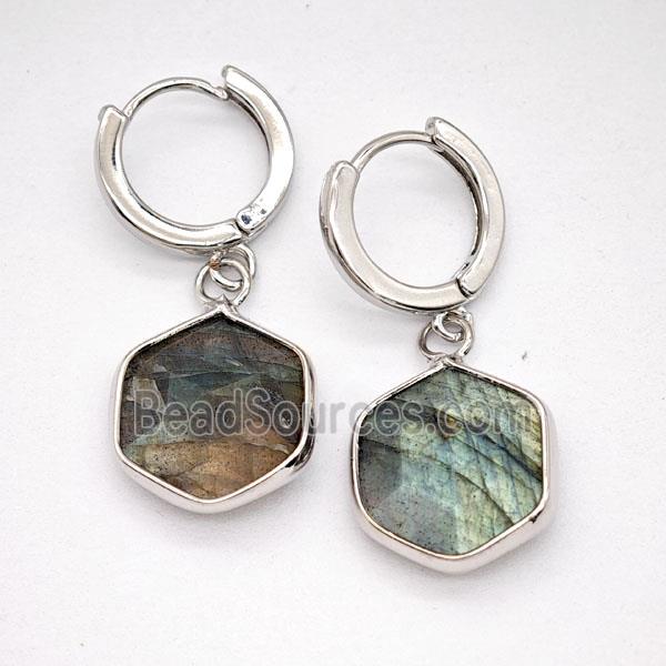Labradorite Copper Hoop Earrings Hexagon Platinum Plated