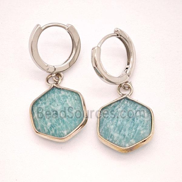 Green Amazonite Copper Hoop Earrings Hexagon Platinum Plated