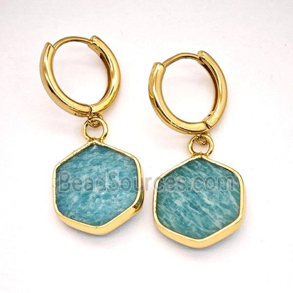 Green Amazonite Copper Hoop Earrings Hexagon Gold Plated