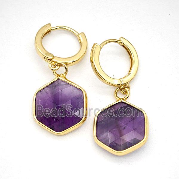Purple Amethyst Copper Hoop Earrings Hexagon Gold Plated