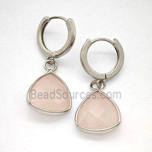 Pink Rose Quartz Copper Hoop Earrings Triangle Platinum Plated