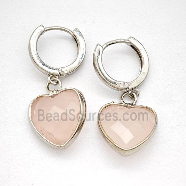 Pink Rose Quartz Copper Hoop Earrings Heart Platinum Plated