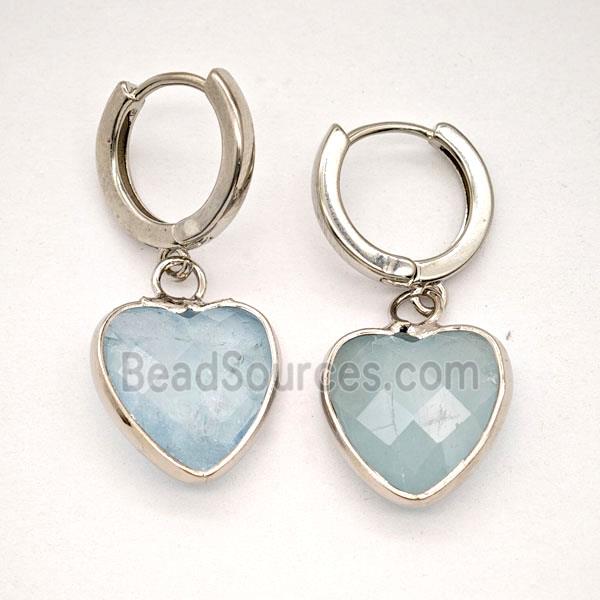 Blue Aquamarine Copper Hoop Earrings Heart Platinum Plated