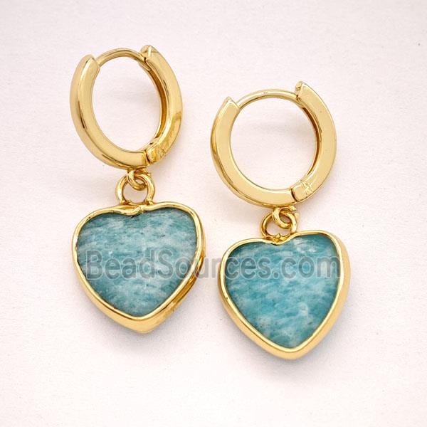 Green Amazonite Copper Hoop Earrings Heart Gold Plated
