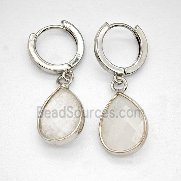 White Moonstone Copper Hoop Earrings Teardrop Platinum Plated