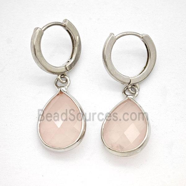 Pink Rose Quartz Copper Hoop Earrings Teardrop Platinum Plated
