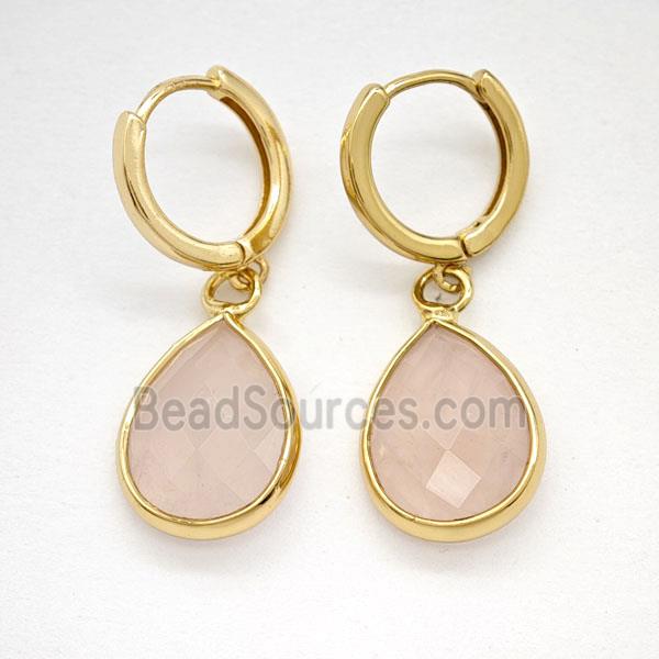 Pink Rose Quartz Copper Hoop Earrings Teardrop Gold Plated