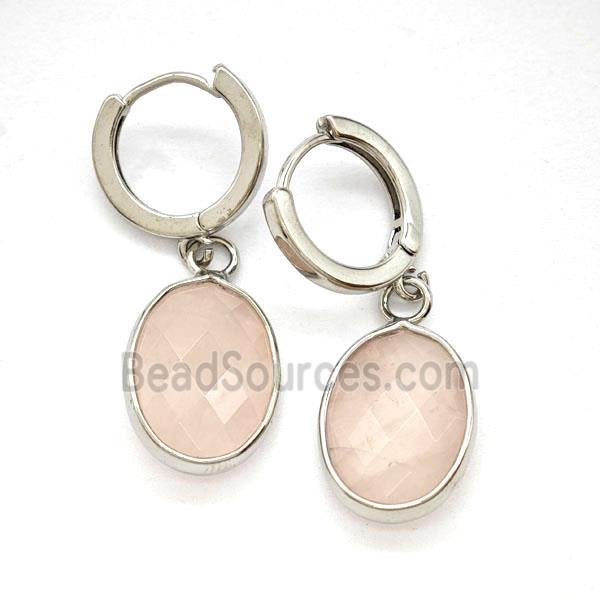 Pink Rose Quartz Copper Hoop Earrings Oval Platinum Plated
