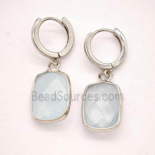 Blue Aquamarine Copper Hoop Earrings Rectangle Platinum Plated