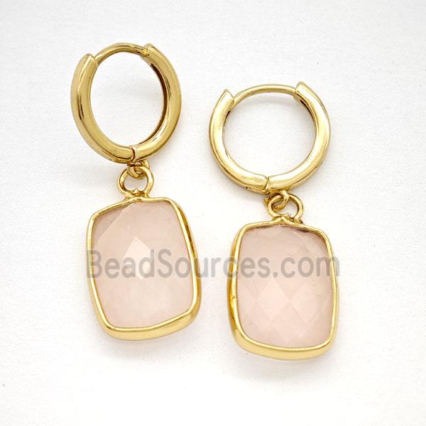Pink Rose Quartz Copper Hoop Earrings Rectangle Gold Plated