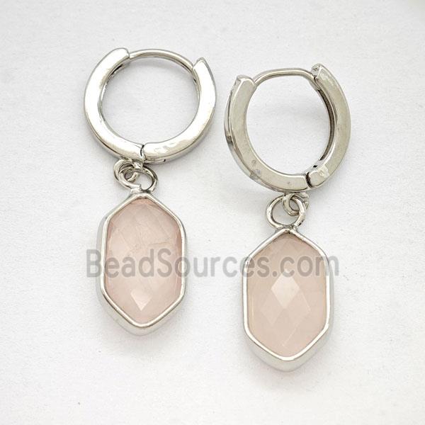 Pink Rose Quartz Copper Hoop Earrings Prism Platinum Plated