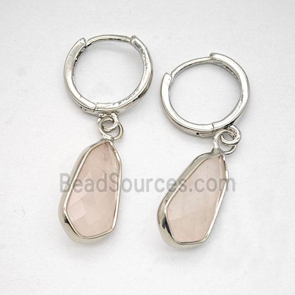 Pink Rose Quartz Copper Hoop Earrings Teardrop Platinum Plated