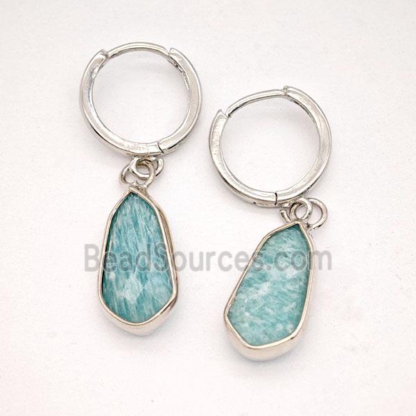 Green Amazonite Copper Hoop Earrings Teardrop Platinum Plated