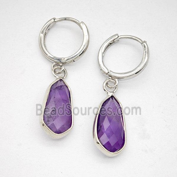 Purple Amethyst Copper Hoop Earrings Teardrop Platinum Plated