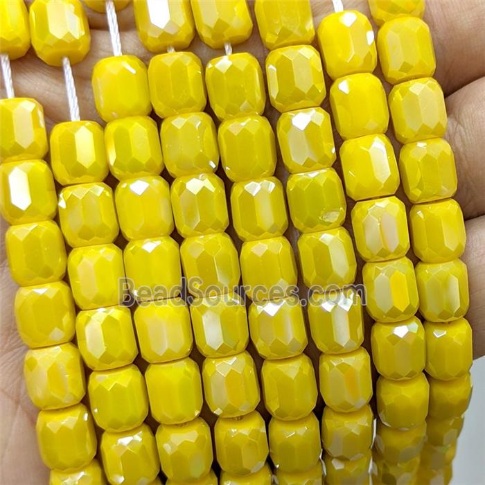 Yellow Jadeite Glass Barrel Beads Faceted Electroplated