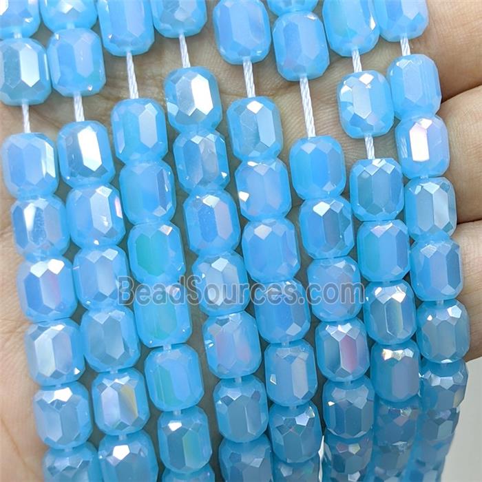 Blue Jadeite Glass Barrel Beads Faceted Electroplated