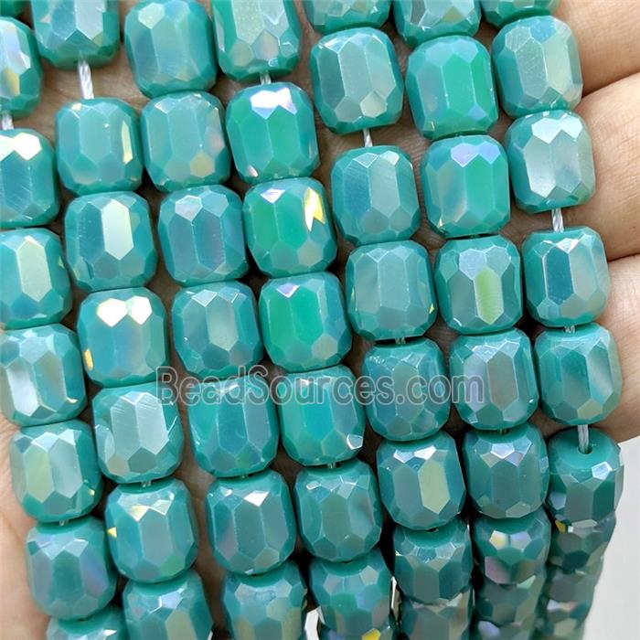 Green Jadeite Glass Barrel Beads Faceted Electroplated